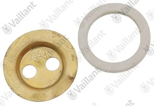 Zwei verschiedene Düsen im Bild, eine aus Metall mit zwei Löchern und eine aus grauem Material, beide von der Marke Vaillant.